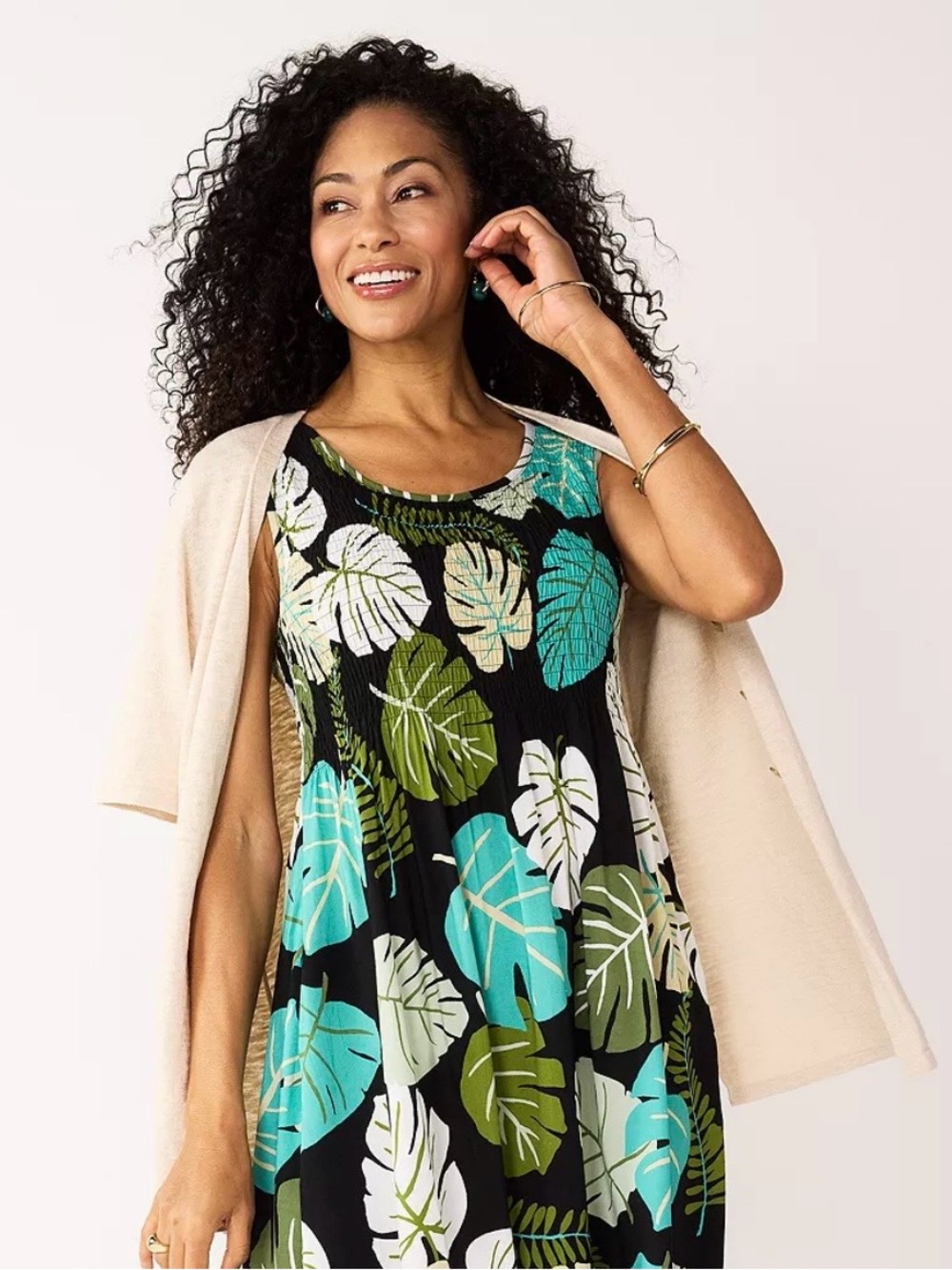 croft & barrow Black Tropical Leaf Maxi Dress with Teal & Olive